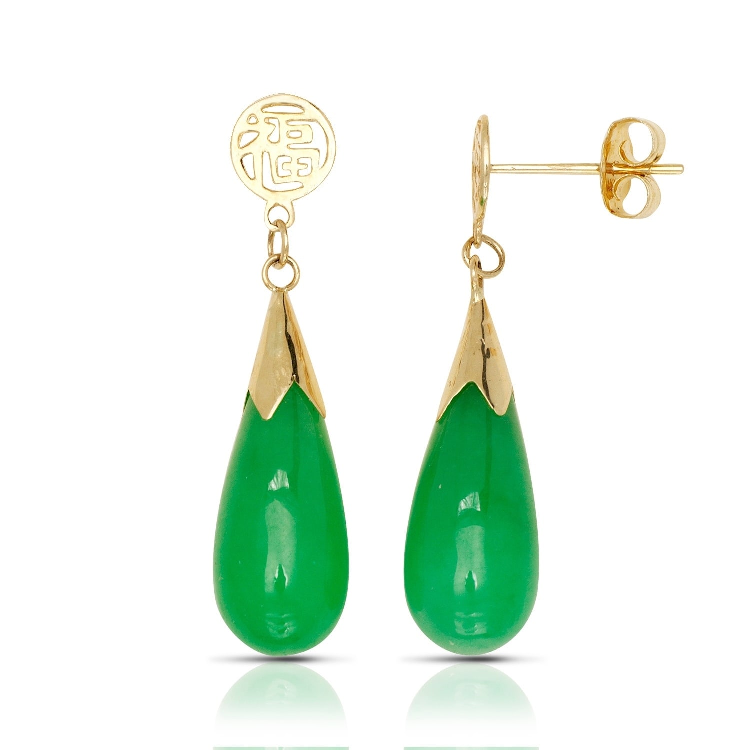 14k Yellow Gold Green Jade Teardrop Drop Earrings 5mm X 28mm 14k Yellow Gold Green Jade Teardrop