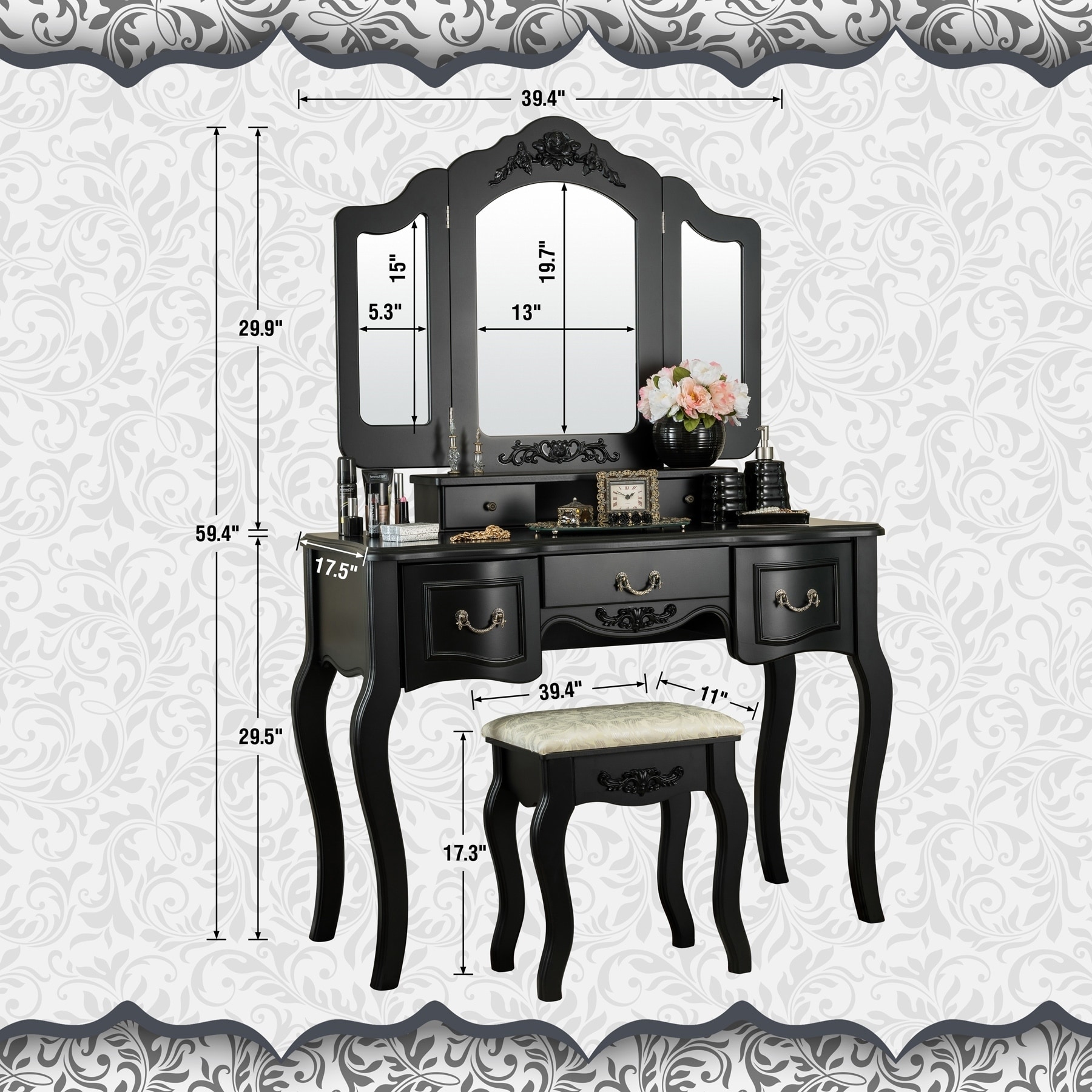 Black Fineboard Dressing Set With Stool Beauty Station Makeup Table Three Mirror Vanity Set 5 Organization Drawers Vanities Vanity Benches Home Kitchen Prborgaf