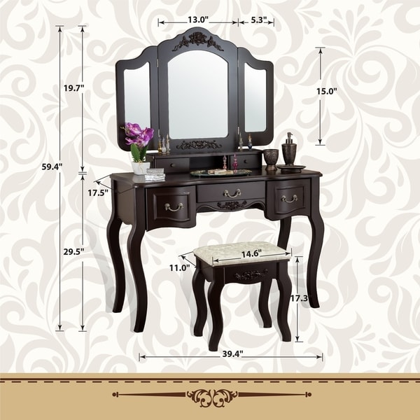 Vanity Beauty Station Makeup Table Wooden Stool Set Mirror ...