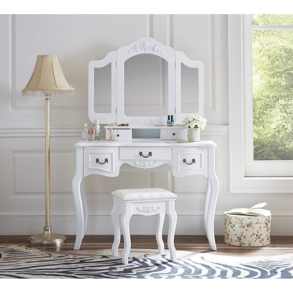 Fineboard Vanity Set Beauty Station Makeup Table and Wooden Stool Set with 3 Mirrors and 5 Organization Drawers Set