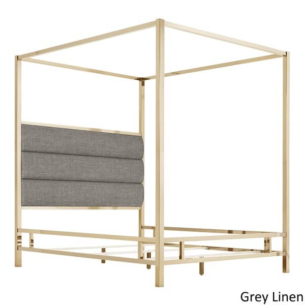slide 2 of 6, Solivita Champagne Gold Metal Canopy Bed with Horizontal Panel Headboard by iNSPIRE Q Bold Grey Linen - King