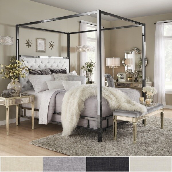 Solivita Black Nickel Metal Canopy Bed With Tufted Headboard By Solivita Black Nickel Metal Canopy Bed With Tufted Headboard By Inspire Q Bold