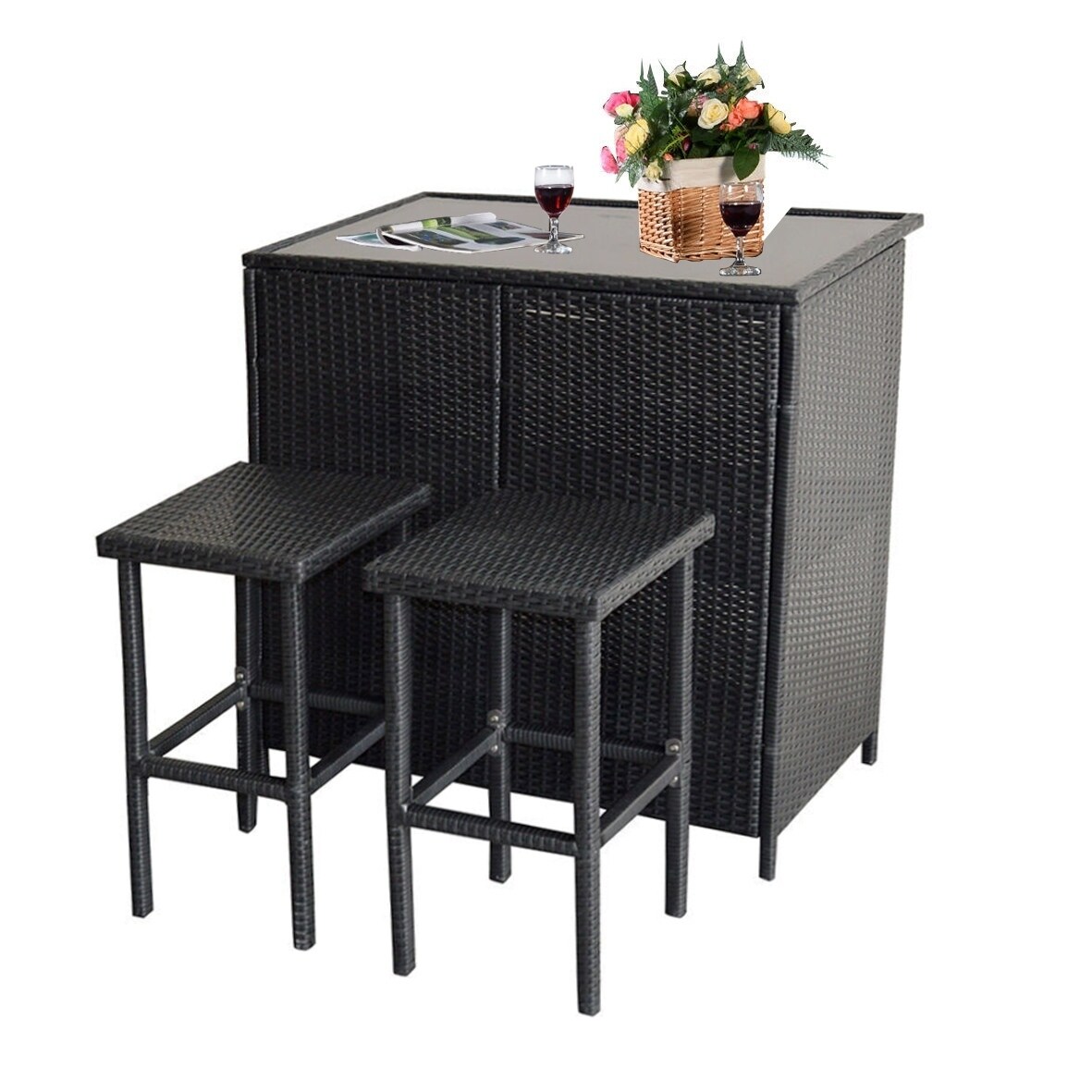 Shop 3pcs Wicker Bar Set Patio Outdoor Table 2 Stools Furniture Steel Overstock 18818582