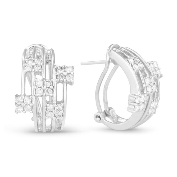 14k White Gold Earrings Round Diamond Hoop With 14k White Gold Earrings Round Diamond Hoop With Omega Clasp