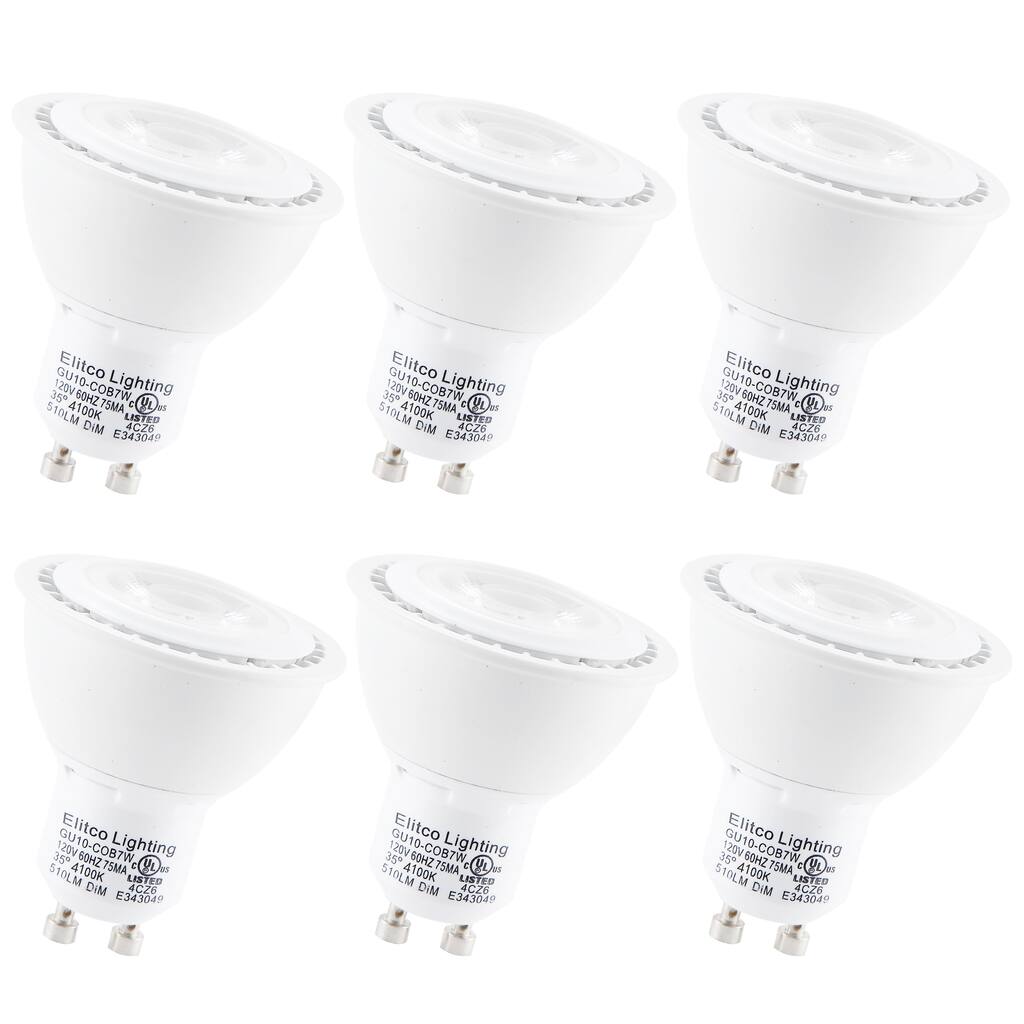 Led gu10, 4100k, 35°, cri80, ul, 7w, 50w equivalent, 25000hrs, lm530, dimmable,input voltage 120v 6 pack