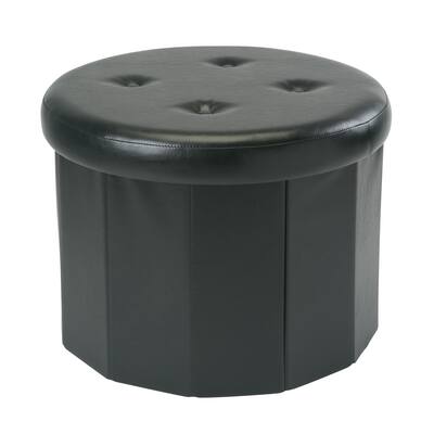 22" Round Folding Faux Leather Storage Ottoman W/ 12 Pockets inside