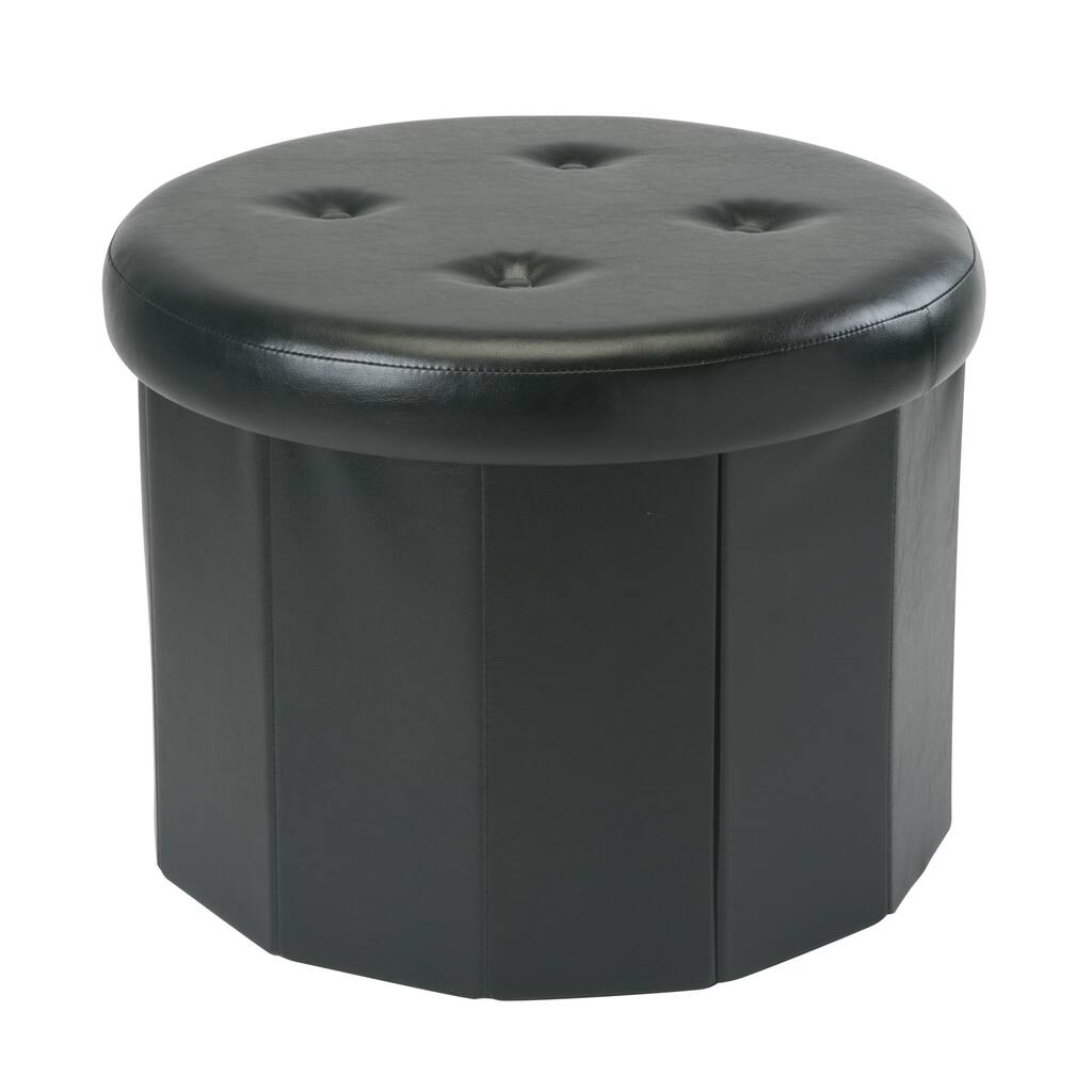 22" Round Folding Faux Leather Storage Ottoman W/ 12 Pockets inside