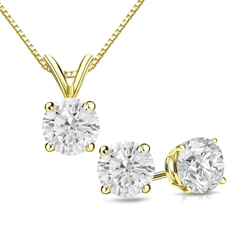 Auriya 14k Gold 1 1/6ct TDW Clarity-Enhanced Diamond Stud Earrings and Solitaire Diamond Necklace Set (H-I, I2-I3) - Yellow
