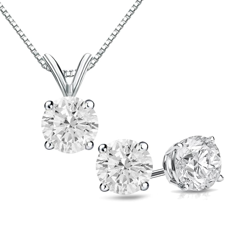 Auriya 14k Gold 1 1/6ct TDW Clarity-Enhanced Diamond Stud Earrings and Solitaire Diamond Necklace Set (H-I, I2-I3) - White