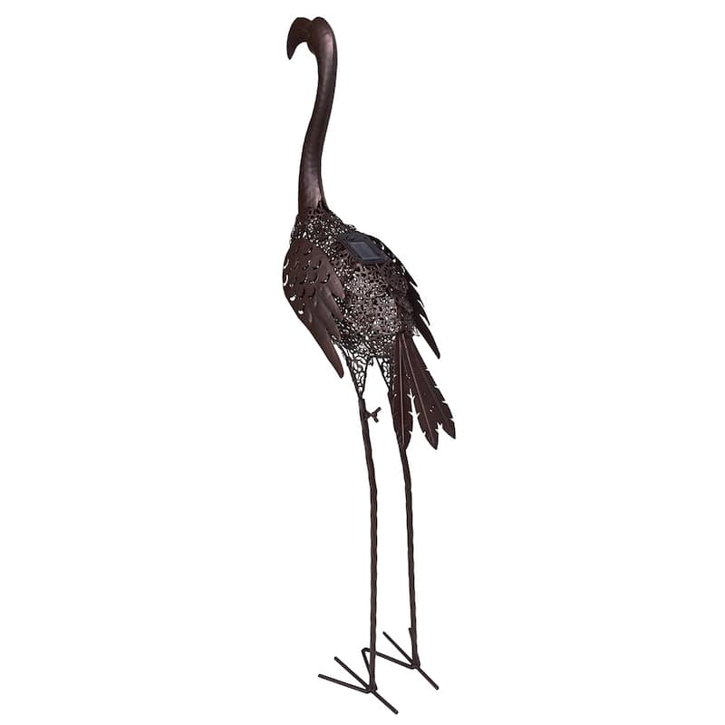 Hammer Tone Bronze 40 inch Steel Outdoor Animal Garden Flamingo Metal Sculpture Statue with Solar Light and Ground Stake