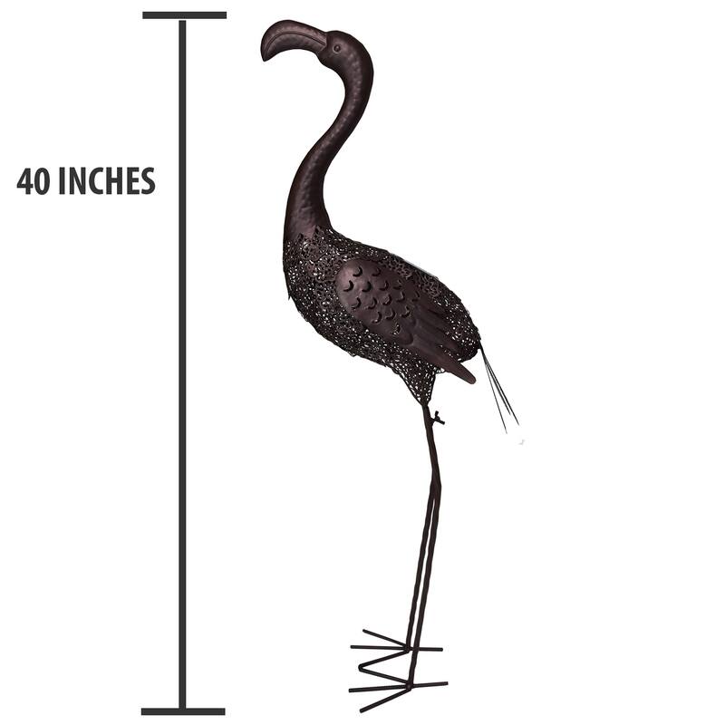 Hammer Tone Bronze 40 inch Steel Outdoor Animal Garden Flamingo Metal Sculpture Statue with Solar Light and Ground Stake