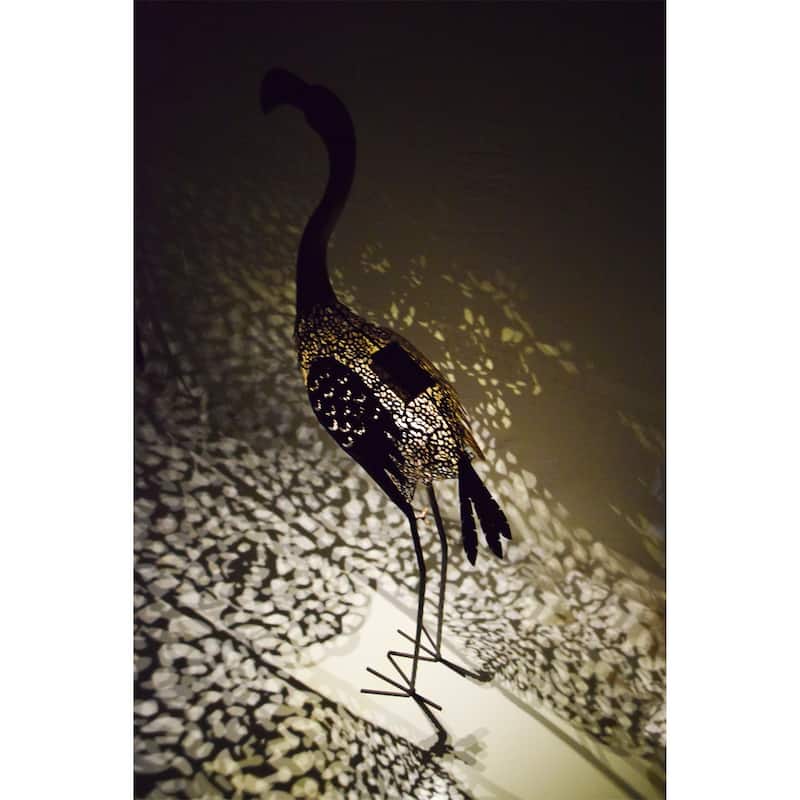 Hammer Tone Bronze 40 inch Steel Outdoor Animal Garden Flamingo Metal Sculpture Statue with Solar Light and Ground Stake
