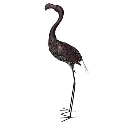 Hammer Tone Bronze 40 inch Steel Outdoor Animal Garden Flamingo Metal Sculpture Statue with Solar Light and Ground Stake