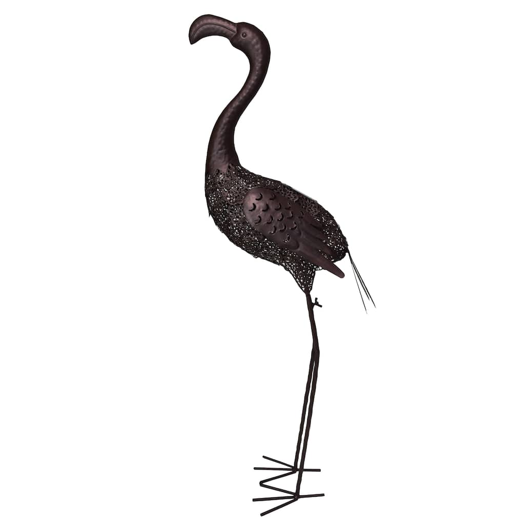 Hammer Tone Bronze 40 inch Steel Outdoor Animal Garden Flamingo Metal Sculpture Statue with Solar Light and Ground Stake