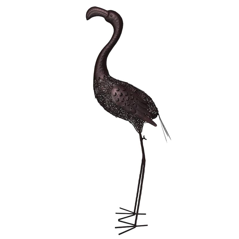 Hammer Tone Bronze 40 inch Steel Outdoor Animal Garden Flamingo Metal Sculpture Statue with Solar Light and Ground Stake
