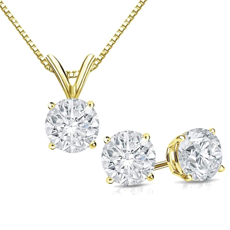 Auriya 14k Gold 1 1/6ct TDW Clarity-Enhanced Diamond Stud Earrings and Solitaire Diamond Necklace Set (F-G, I2-I3) - White - Yellow