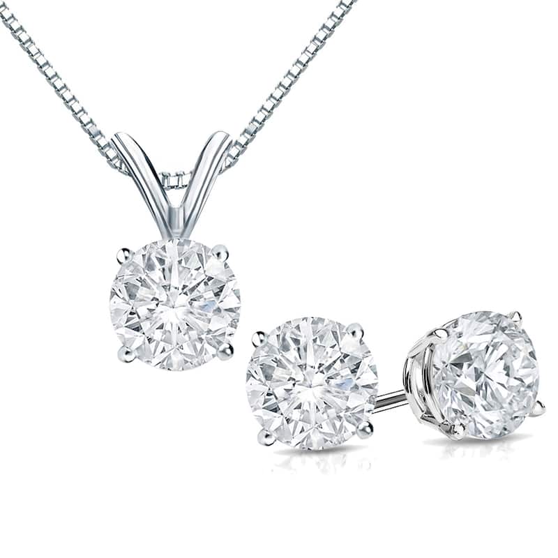 Auriya 14k Gold 1 1/6ct TDW Clarity-Enhanced Diamond Stud Earrings and Solitaire Diamond Necklace Set (F-G, I2-I3) - White - White
