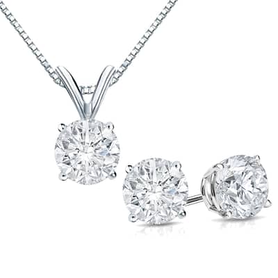Auriya 14k Gold 1 1/6ct TDW Clarity-Enhanced Diamond Stud Earrings and Solitaire Diamond Necklace Set (F-G, I2-I3) - White