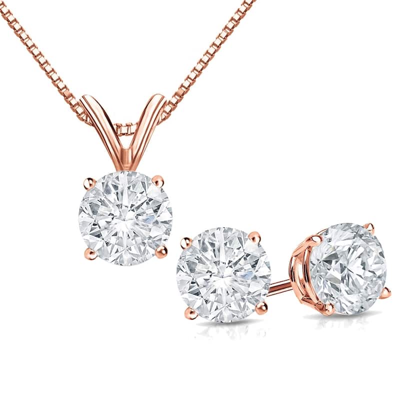 Auriya 14k Gold 1 1/6ct TDW Clarity-Enhanced Diamond Stud Earrings and Solitaire Diamond Necklace Set (F-G, I2-I3) - White - Rose