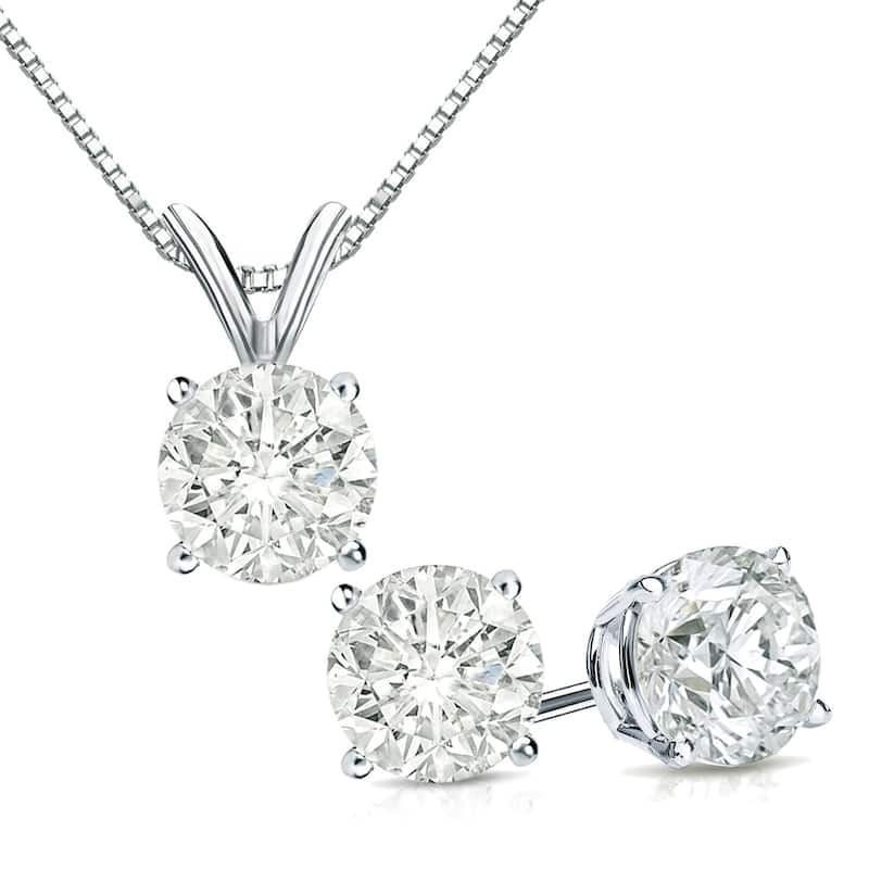 Auriya 14k Gold 1 1/6ct TDW Clarity-Enhanced Diamond Stud Earrings and Solitaire Diamond Necklace Set (J-K, I2-I3) - White