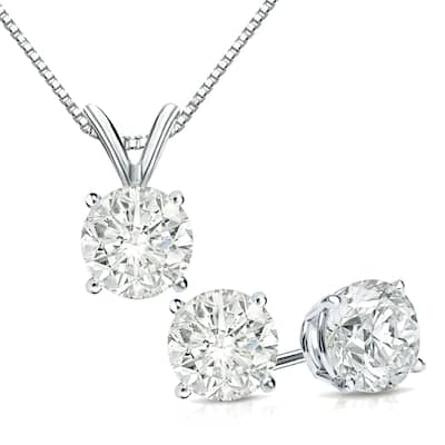 Auriya 14k Gold 1 1/6ct TDW Clarity-Enhanced Diamond Stud Earrings and Solitaire Diamond Necklace Set (J-K, I2-I3)