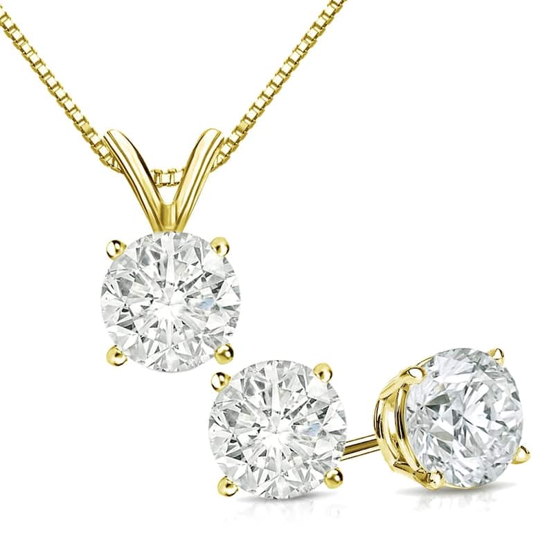 Auriya 14k Gold 1 1/6ct TDW Clarity-Enhanced Diamond Stud Earrings and Solitaire Diamond Necklace Set (J-K, I2-I3) - Yellow