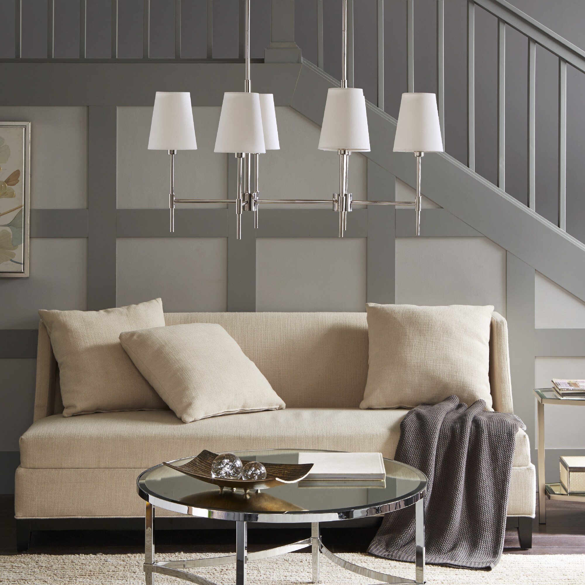 Madison Park Signature Arbor White/Silver Chandelier with White Taper Shaped Shade (35.5"L x 24.25"W x 38"H - White/ Silver) - Chandeliers For Bedrooms by Overstock.com