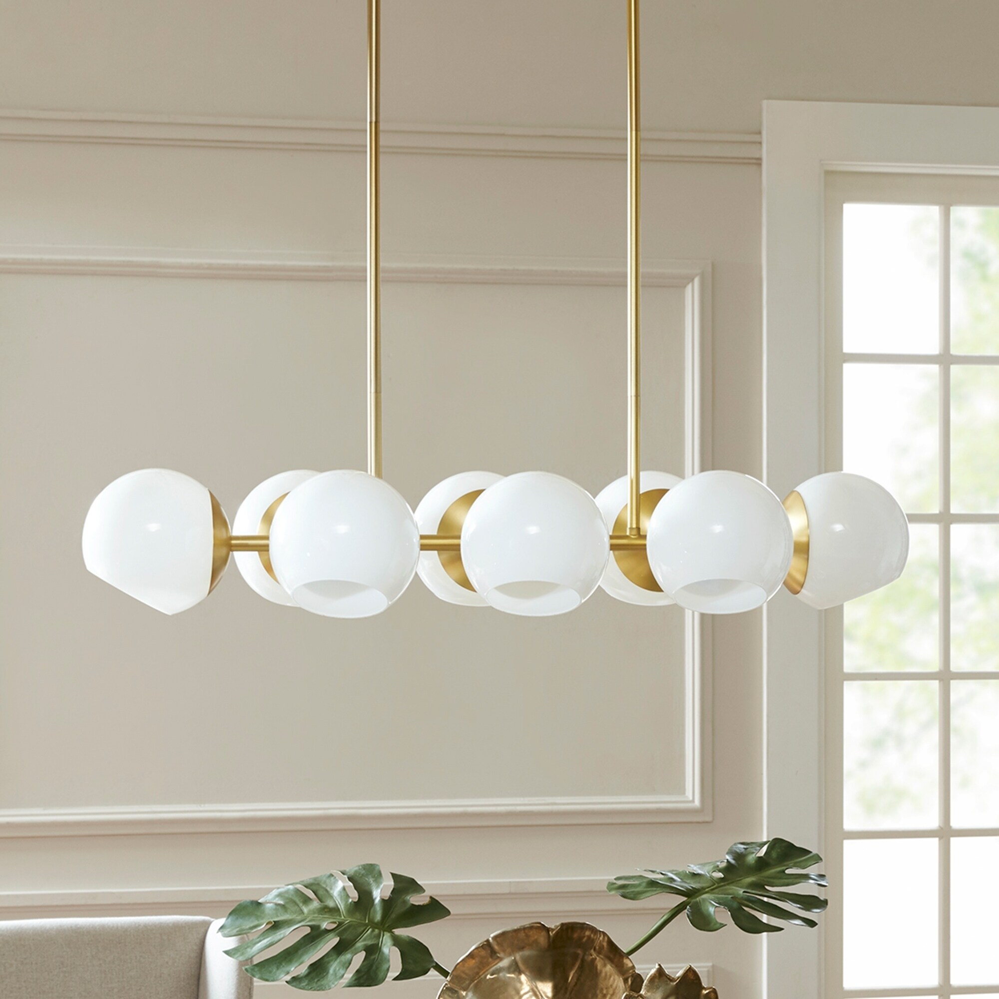Madison Park Signature Holloway Gold Metal Pendant with Round White Glass Shades (38"W x19.5" D x 46.75" H - White/ Gold) - Chandeliers For Bedrooms by Overstock.com