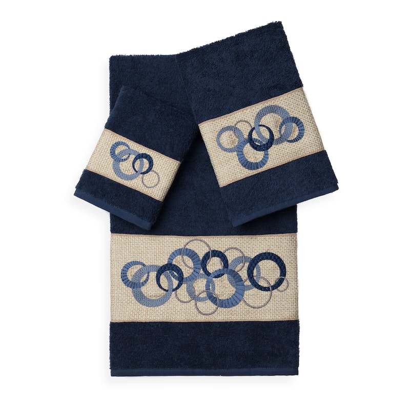 Authentic Hotel and Spa Turkish Cotton Circles Embroidered 3 piece Towel Set - Navy Blue