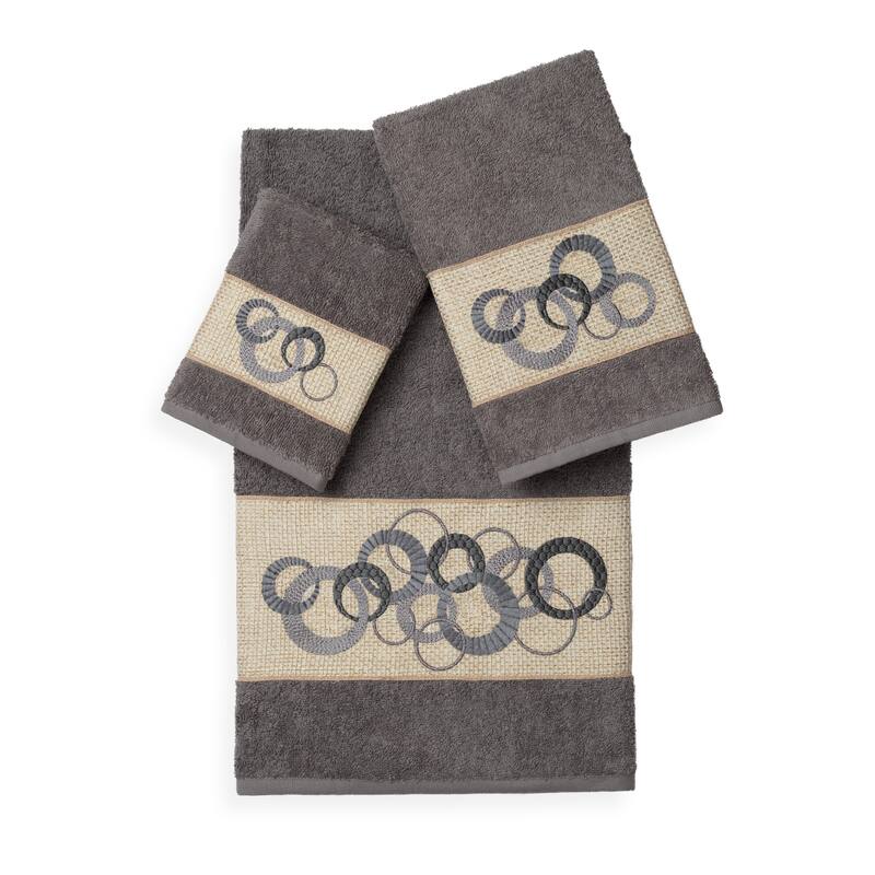 Authentic Hotel and Spa Turkish Cotton Circles Embroidered 3 piece Towel Set - Charcoal