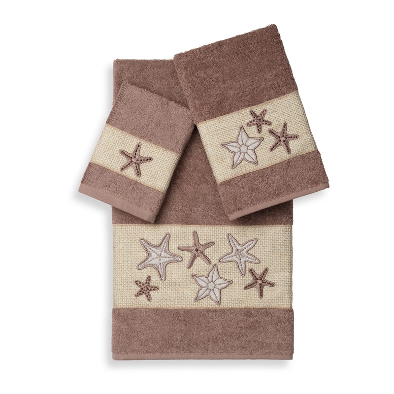 Authentic Hotel and Spa Turkish Cotton Starfish Embroidered 3 piece Towel Set - Latte