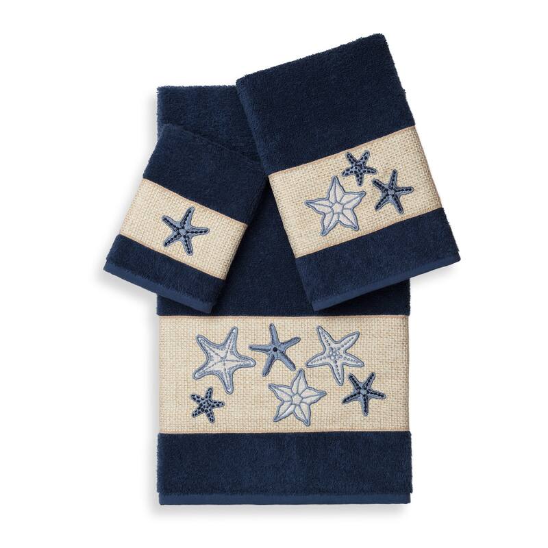 Authentic Hotel and Spa Turkish Cotton Starfish Embroidered 3 piece Towel Set - Navy Blue
