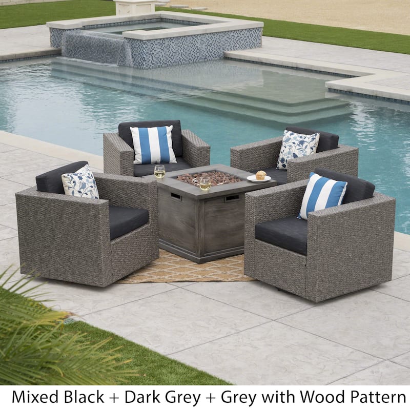Achton Outdoor 4-piece Wicker Swivel Club Chair Set with Square Firepit by Christopher Knight Home - Grey