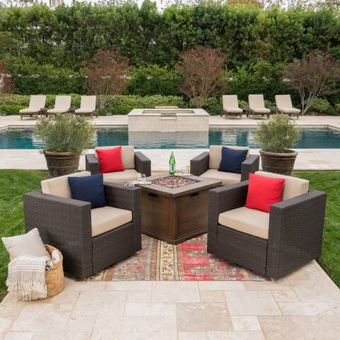 Achton Outdoor 4-piece Wicker Swivel Club Chair Set with Square Firepit by Christopher Knight Home