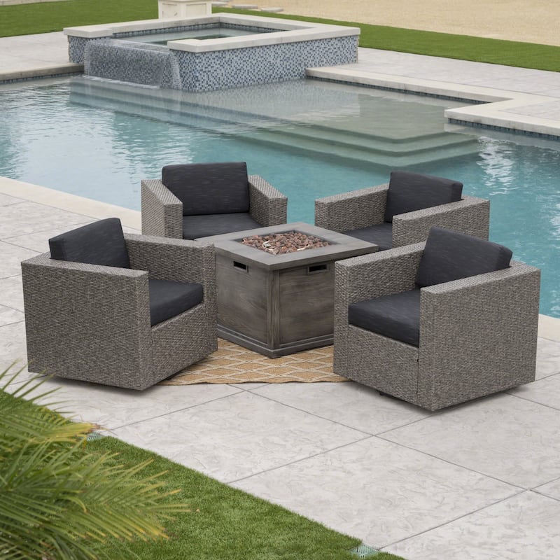 Achton Outdoor 4-piece Wicker Swivel Club Chair Set with Square Firepit by Christopher Knight Home