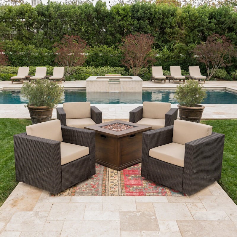 Achton Outdoor 4-piece Wicker Swivel Club Chair Set with Square Firepit by Christopher Knight Home
