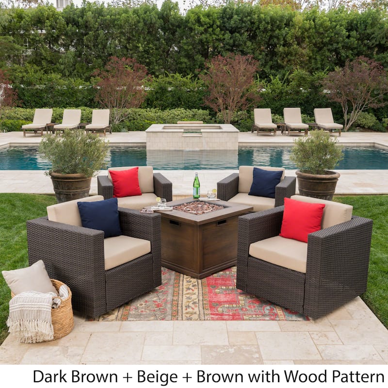 Achton Outdoor 4-piece Wicker Swivel Club Chair Set with Square Firepit by Christopher Knight Home - Brown