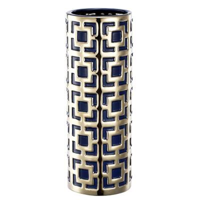 Alluring Geometric Patterned Ceramic Vase, Blue and Gold