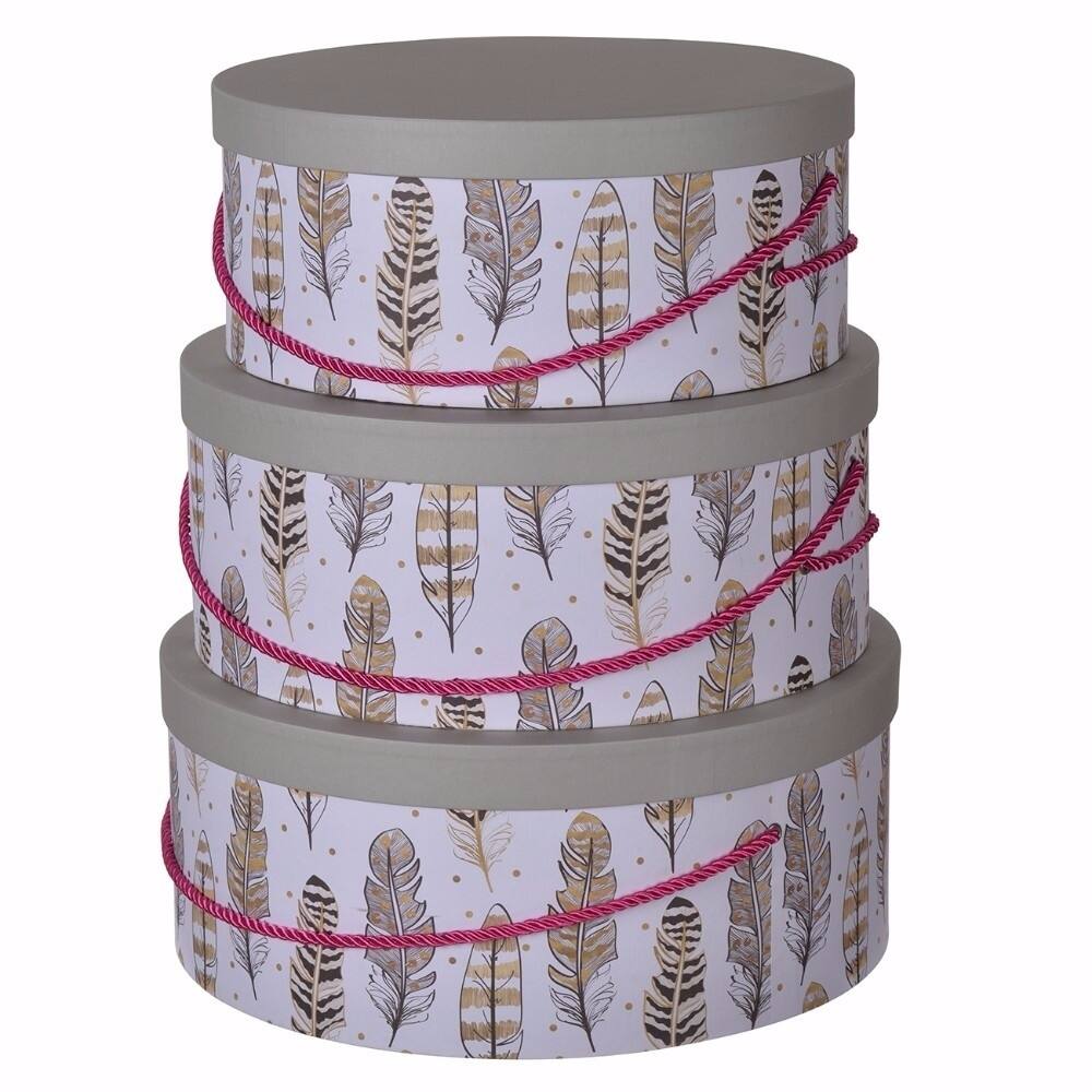 Round Hat Boxes With Feather Motifs - Set of 3 - MultiColor