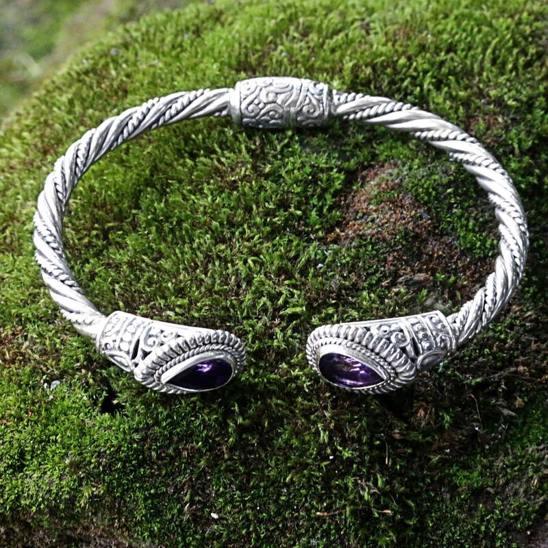 NOVICA Handmade Sterling Silver Bright Eyes Amethyst Bracelet (Indonesia)