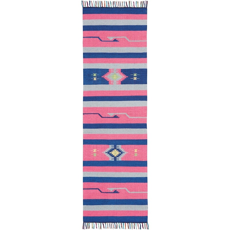 Nourison Baja Striped Southwestern Fringe Area Rug - 2'3" x 7'6" Runner - Pink/Blue - Runner/Rectangle