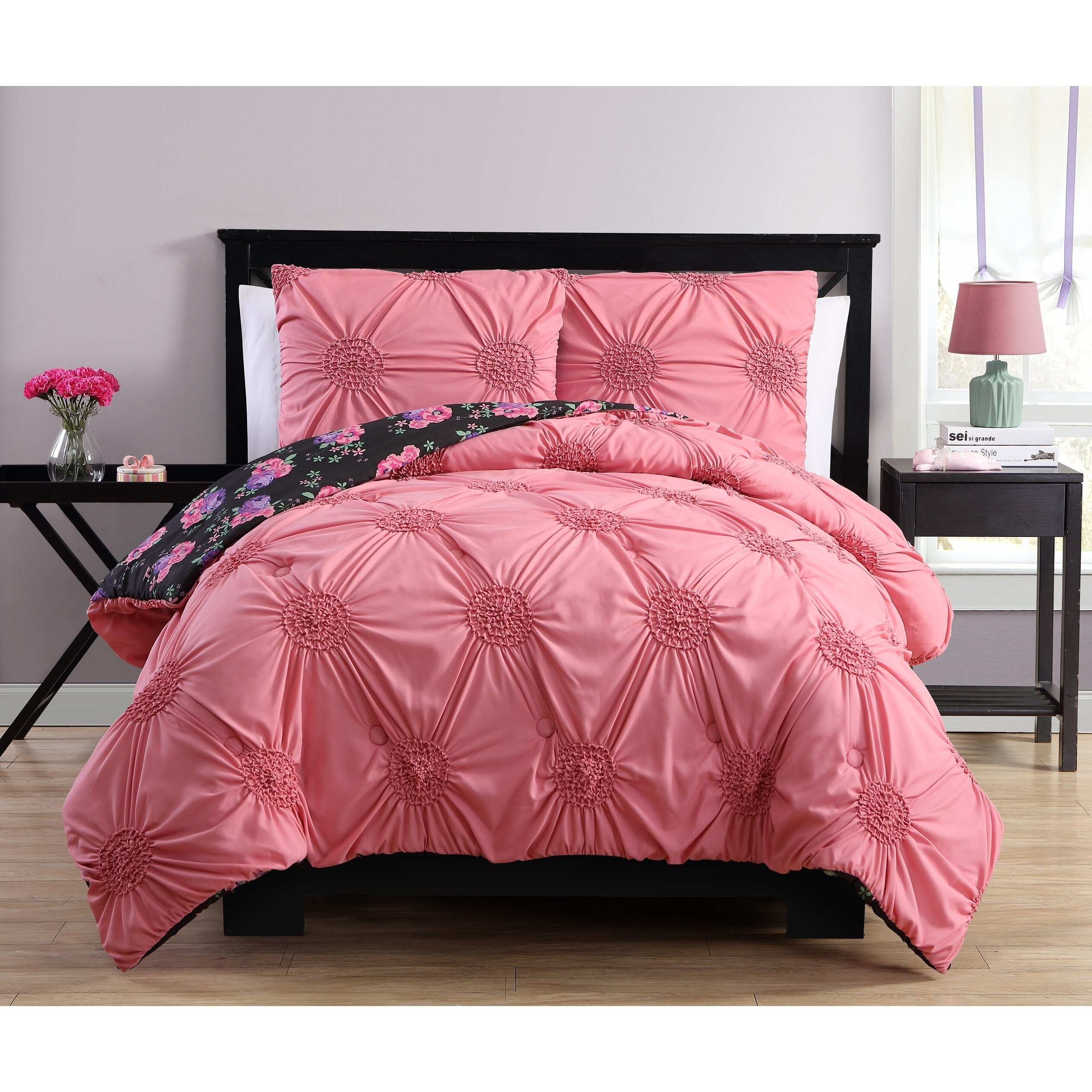 Vcny Home Davina Reversible Comforter Set Black Pink Davina Reversible Comforter Set