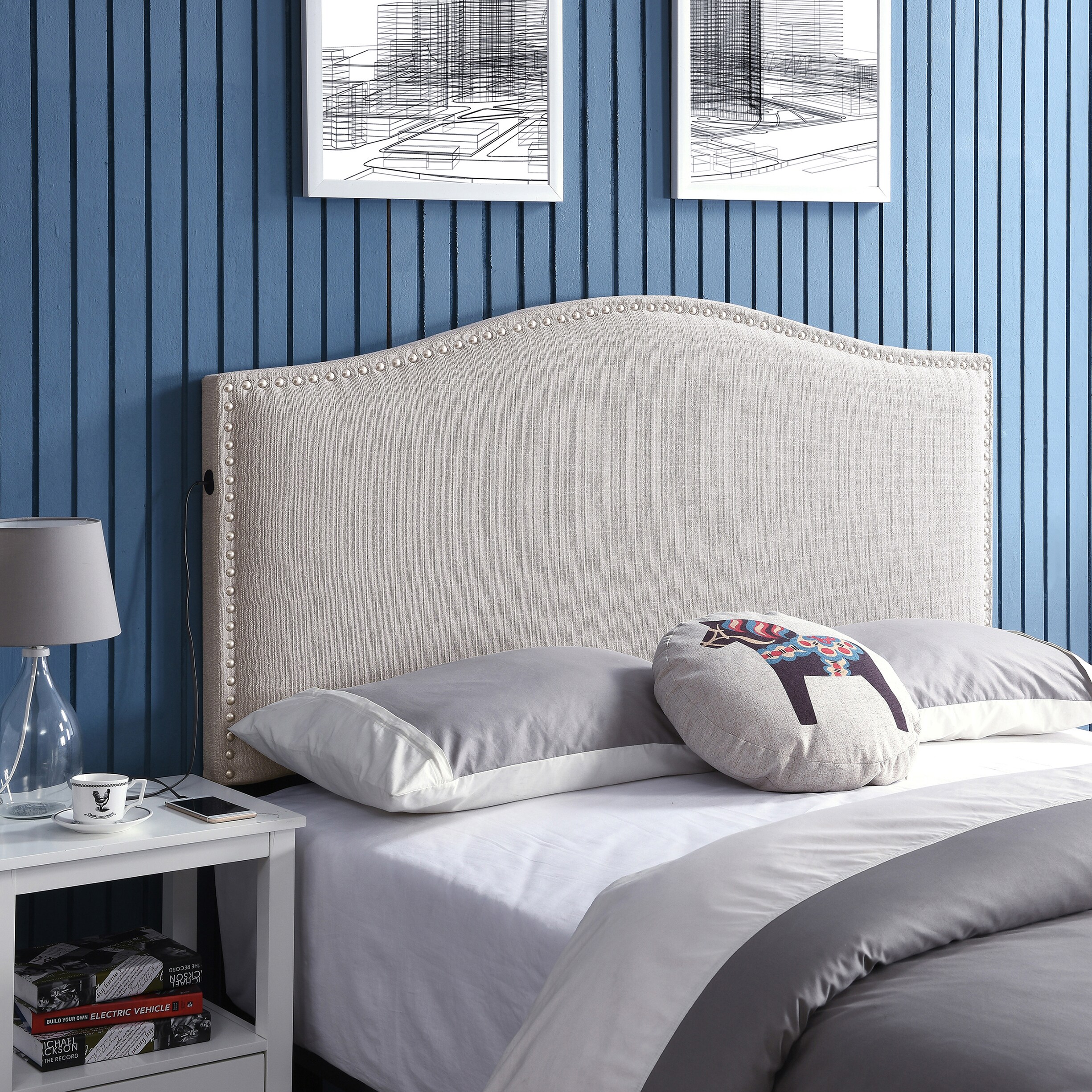 Handy Living Noleta Oatmeal Linen Upholstered Full/Queen Headboard with USB Port Overstock