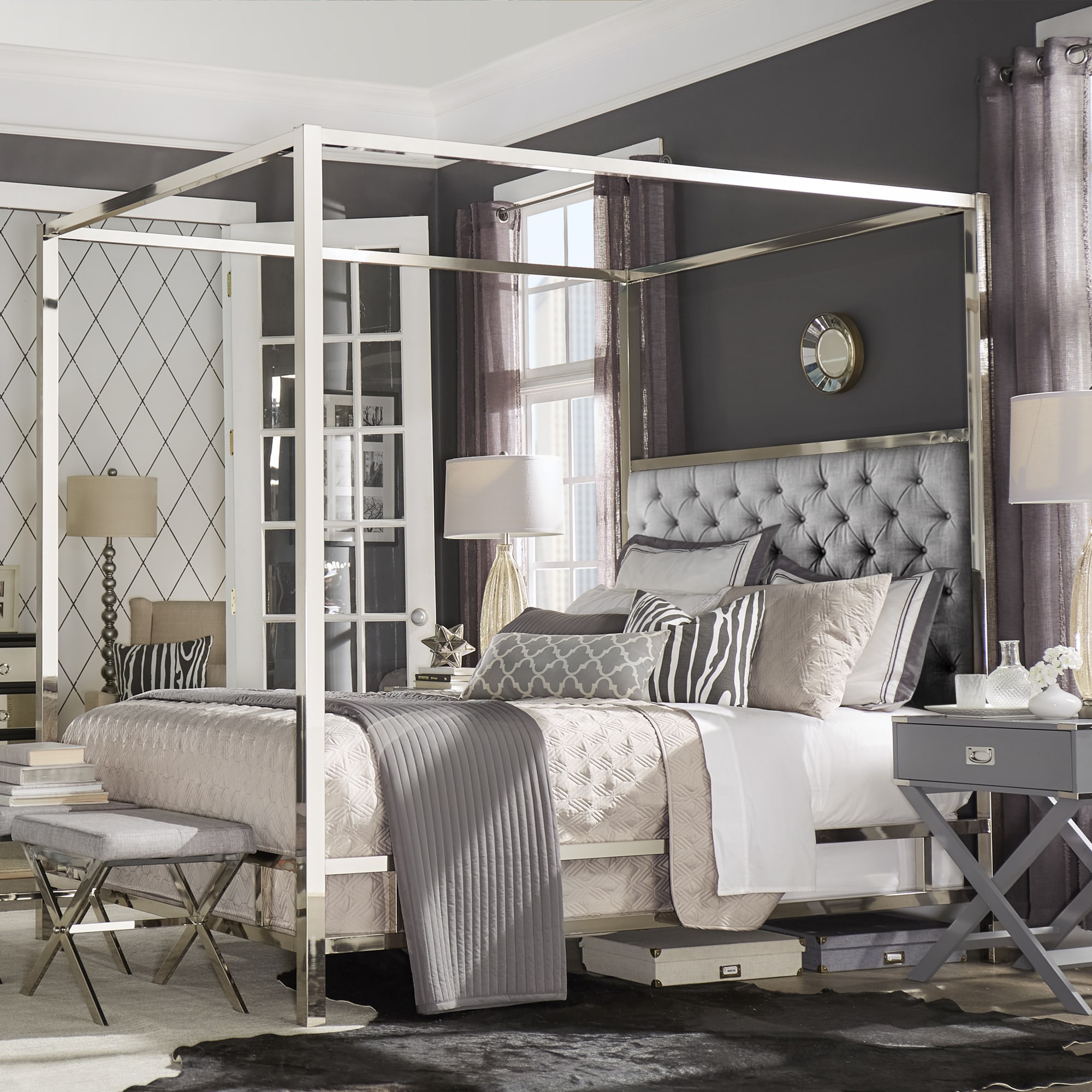 Solivita Chrome Metal Canopy Bed With Tufted Headboard By Inspire Q Solivita Chrome Metal Canopy Bed With Tufted Headboard