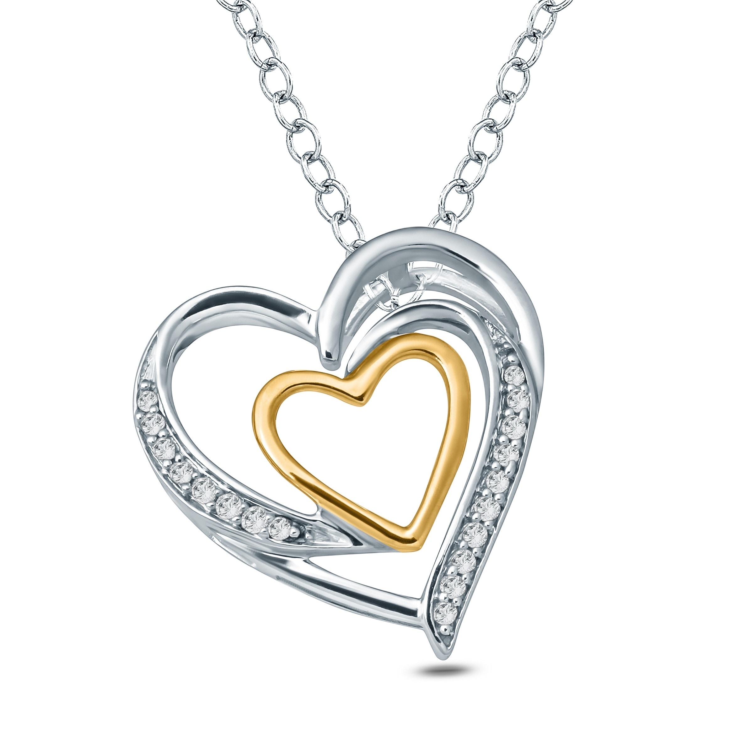 Solid 925 Sterling Silver Round Diamond Two Tone White and Yellow Heart Pendant 1//20 Ct.