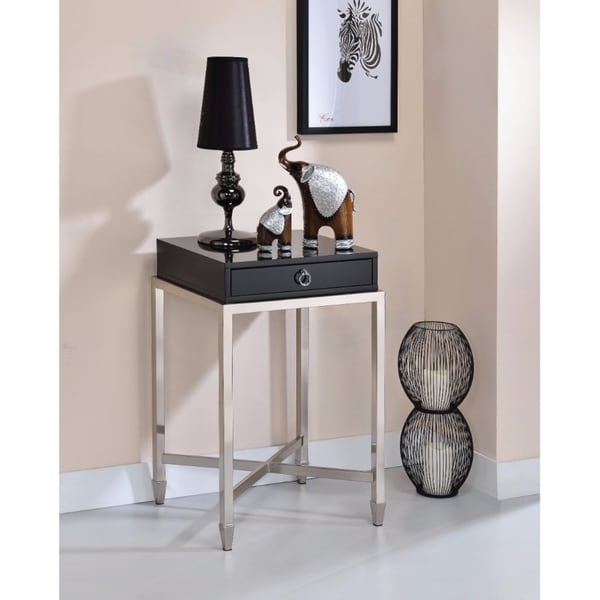 Belinut End Table With 1 Drawer, Black & Brushed Nickel