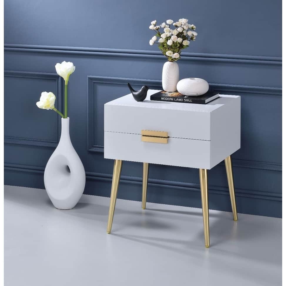 Denvor Square End Table with Drawers, White & Gold