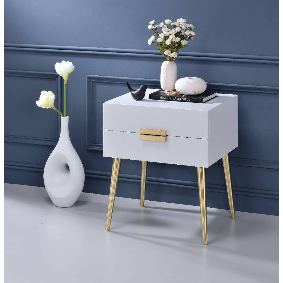 Denvor Square End Table with Drawers, White & Gold