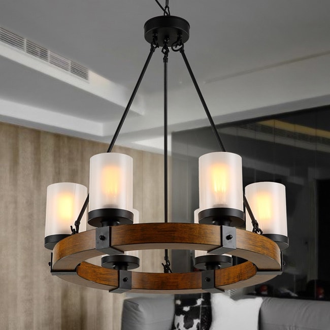 Warehouse of Tiffany Casity Black/Brown Wood/Metal/Frosted Glass 6-light Lodge and Tavern Wood Chandelier (6-Light Lodge and Tavern Wood Chandelier) - Chandeliers For Bedrooms by Overstock.com