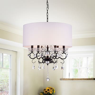 Warehouse of Tiffany Ninian Oiled-rubbed Bronze Crystal/Metal 6-light Chandelier with Fabric Drum Shade